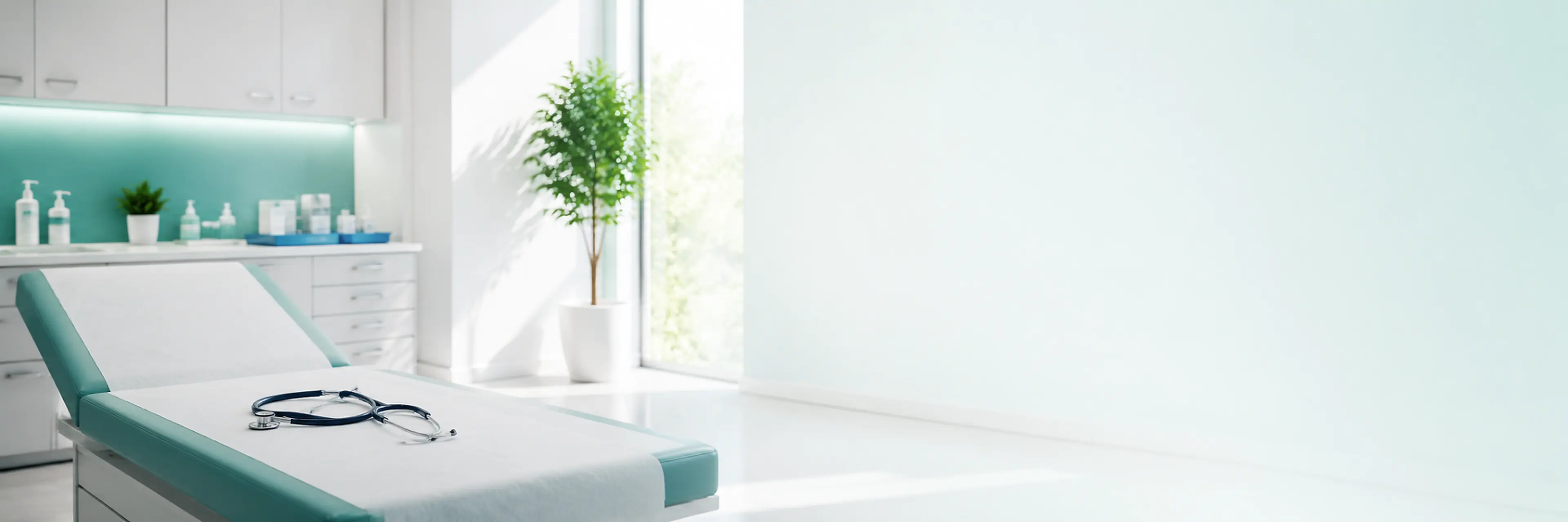 Ein Behandlungszimmer mit Untersuchungsliege und Stethoskop, daneben ein Fenster mit Pflanze.