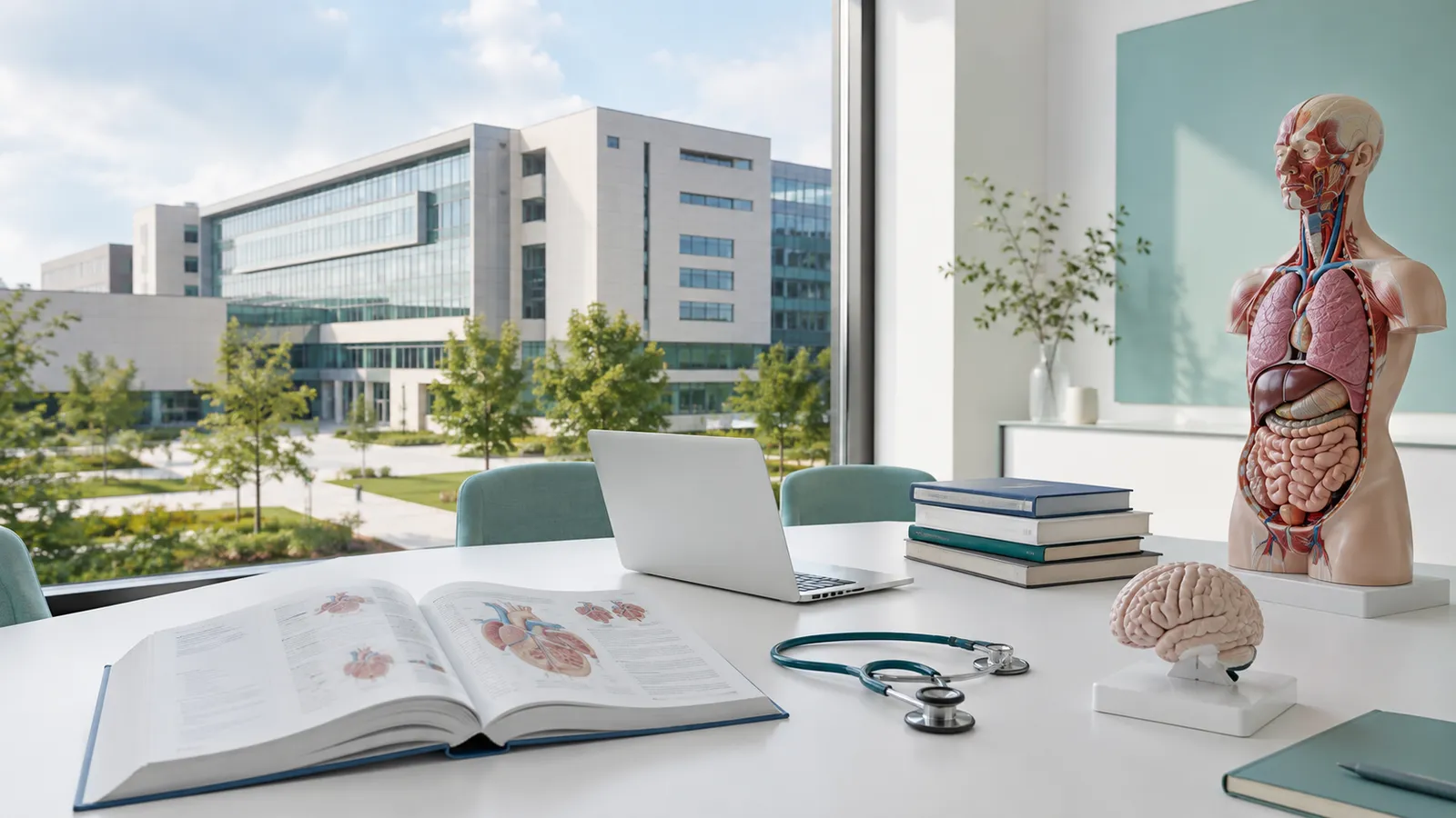 Ein Lernplatz mit aufgeschlagenem Anatomieatlas, Laptop, Stethoskop und einem Anatomiemodell; durch das Fenster das Universitätsklinikum.